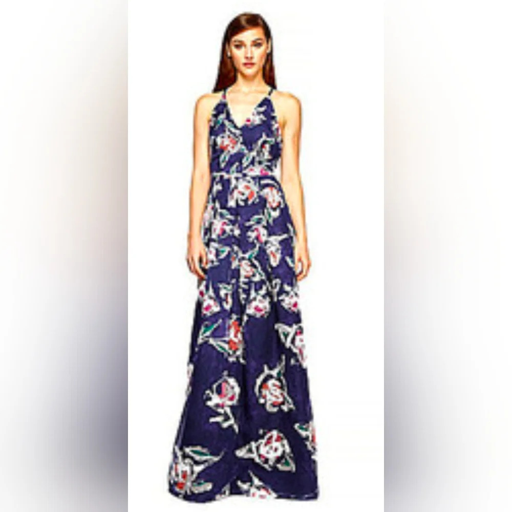 Phoebe by Kay Unger - Blue Floral Silk Bamboo Organza Gown size 2 - Picture 13 of 15